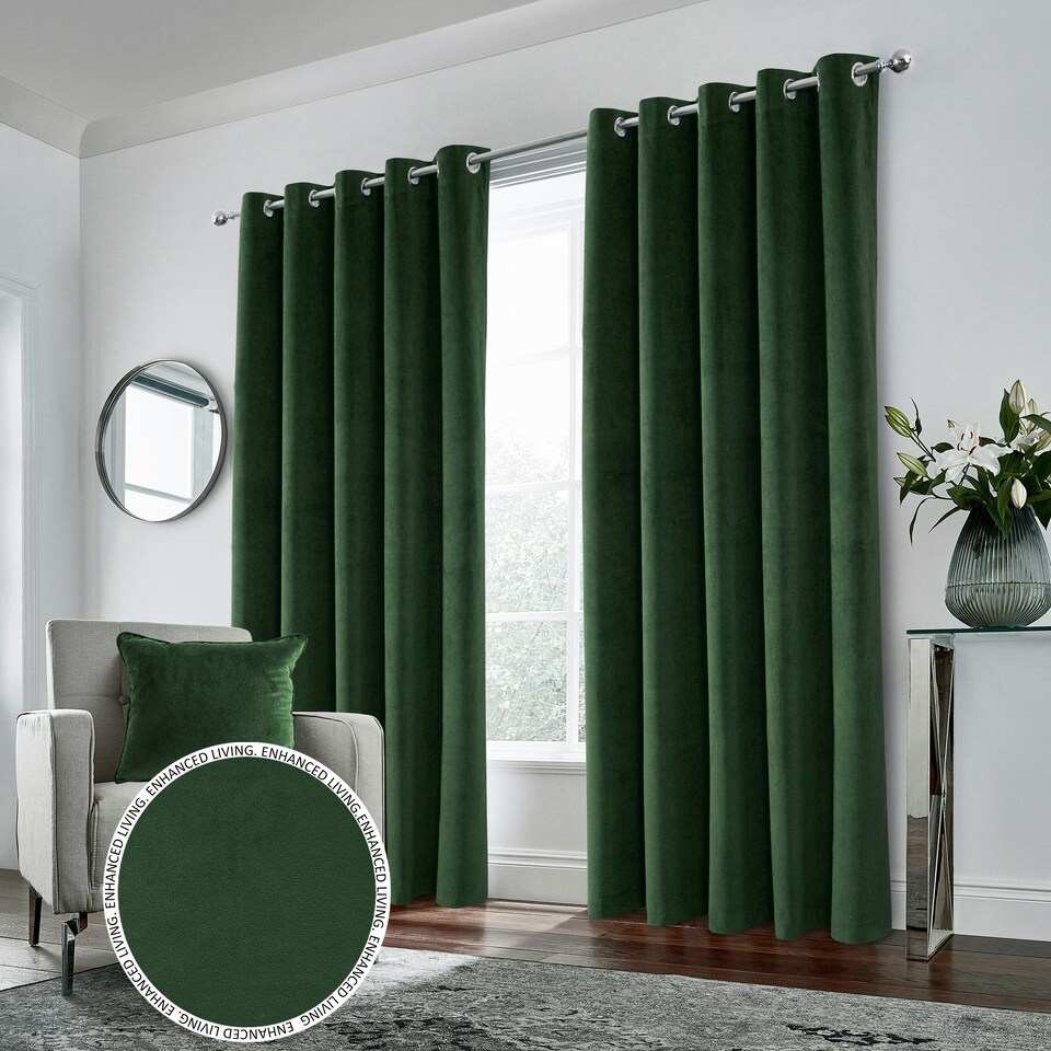 image 1 of Hampton Green Velvet Curtains 90 x 108 inch (229 x 274 cm) 100% Blackout Eyelet Thermal Noise Reducing Curtains for Bedroom and Living Room