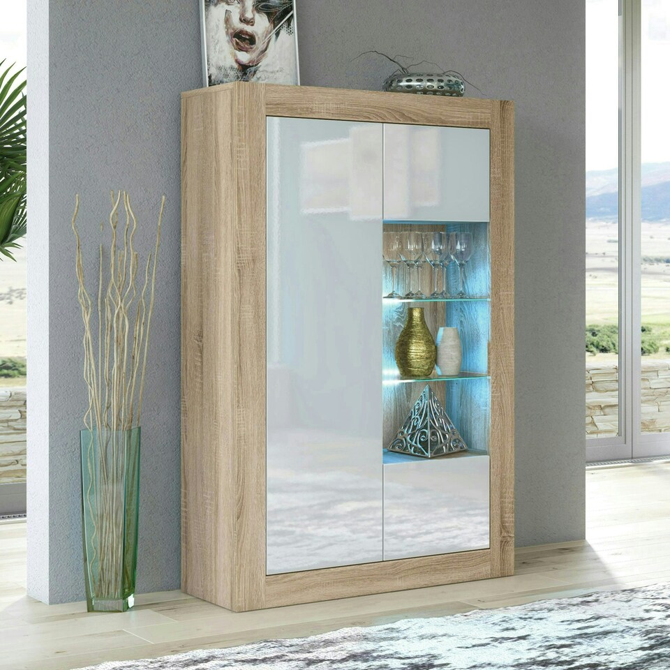 image 1 of Display Cabinet 93cm White Gloss Doors Oak Matt Body Free LED Multi | Oak & White