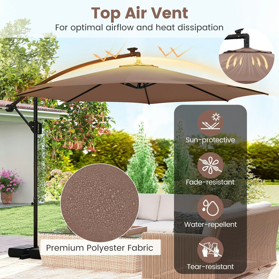 image 1 of COSTWAY 290 cm Solar Offset Hanging Sunshade Parasol Coffee Brown