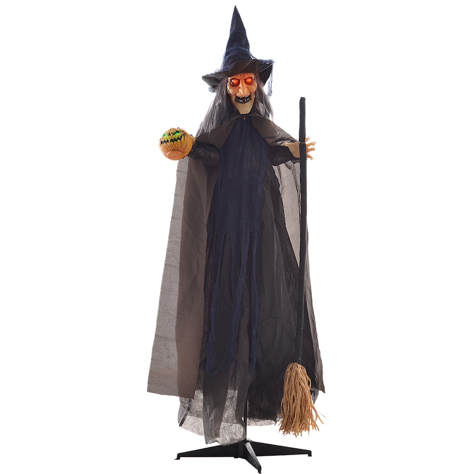 image 1 of HOMCOM 190cm 75 Witch with Broomstick Outdoor Halloween Decoration, Halloween Animatronic with Sound Activated, Light Up Eyes, Sound Effects, Animated Prop for Haunted House