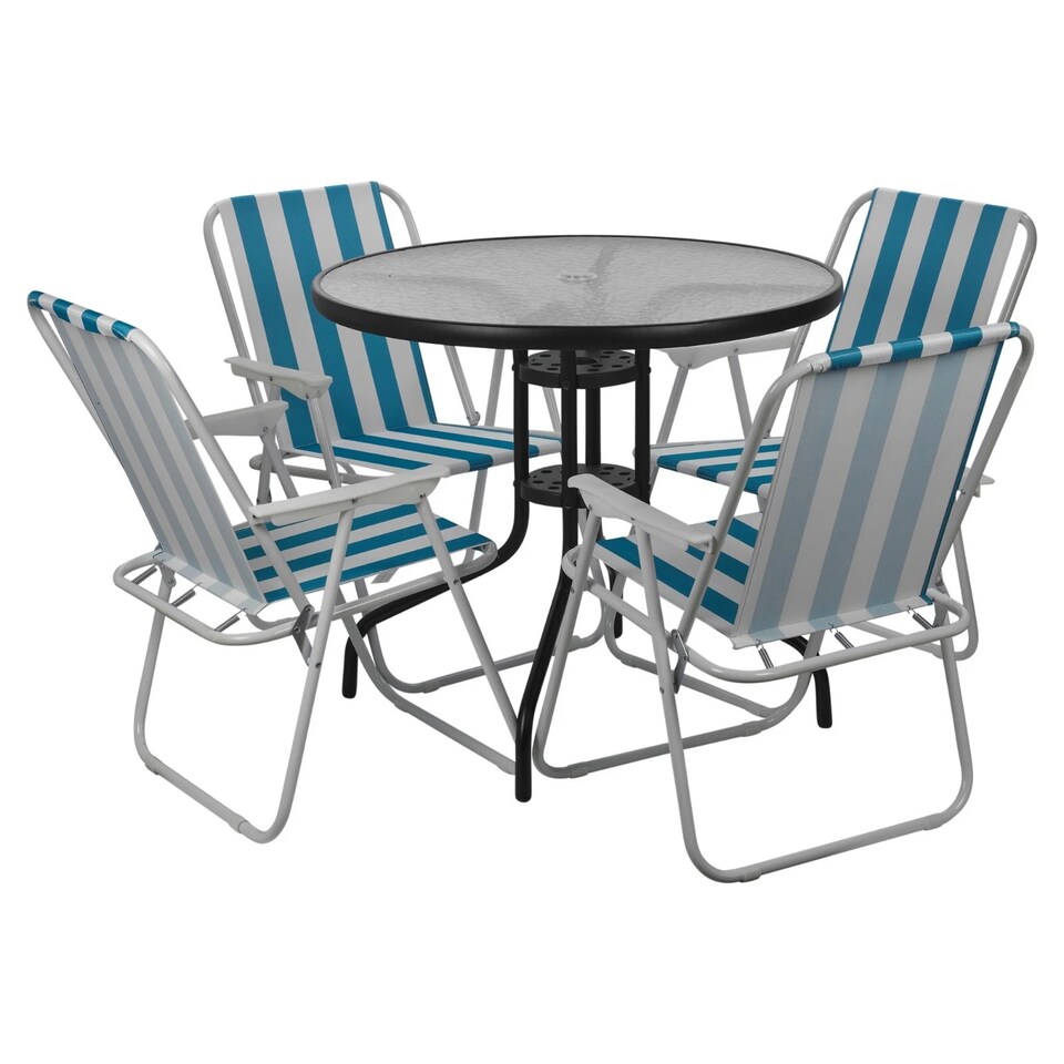 image 1 of Garden Table & Folding Deck Chairs Set 2 4 Seater Outdoor Patio Dining Furniture | White | Table + 4 White & Blue Stripes Chairs