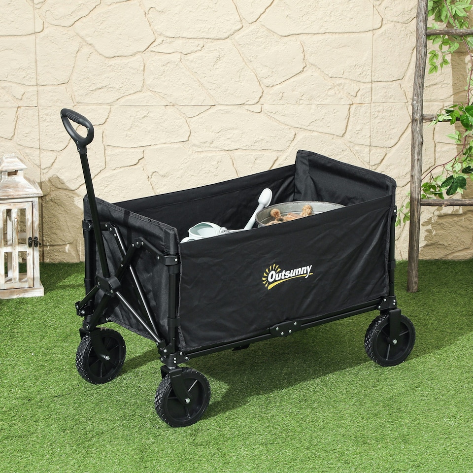 image 1 of Outsunny 120L Folding Collapsible Wagon with Adjustable Handle, Black