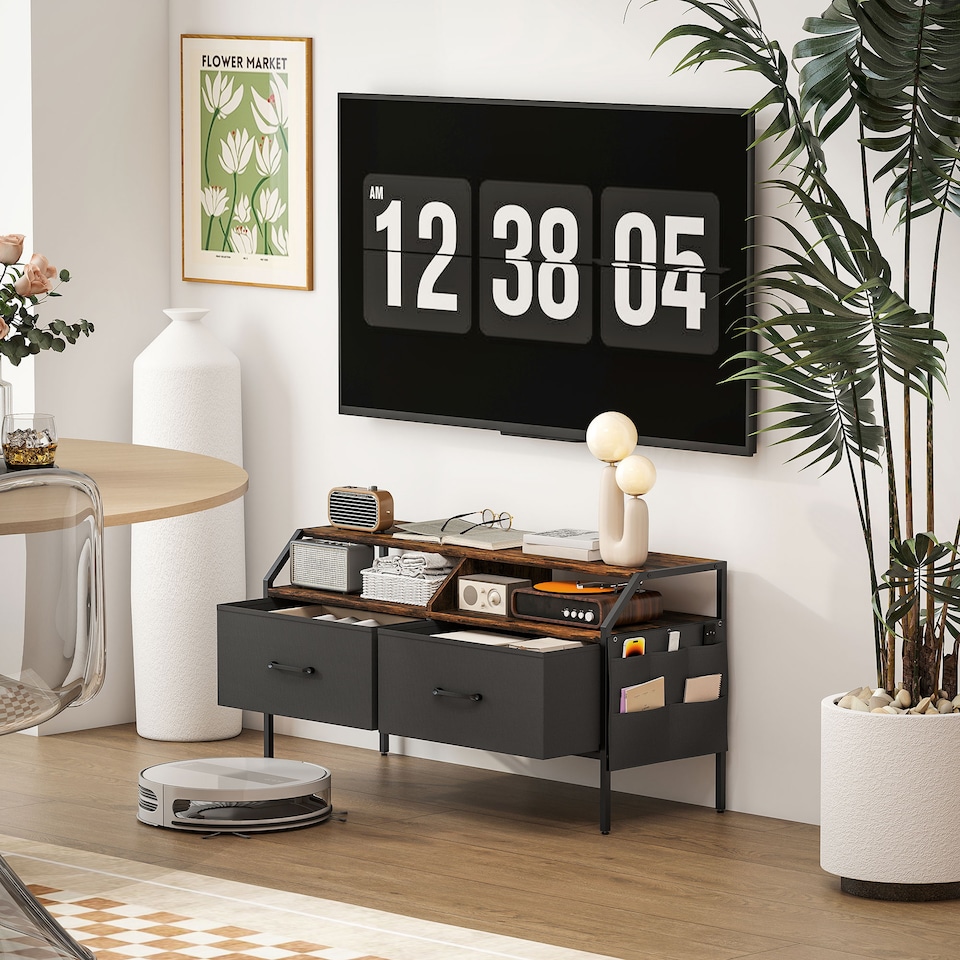 image 1 of HOMCOM TV Stand Cabinet, TV Unit for 55-inch TVs with 2 Foldable Fabric Drawers, 5 Divided Side Pockets, Open Shelves, Console Table for Living Room, Bedroom, Entertainment Room, Rustic Brown | Brown