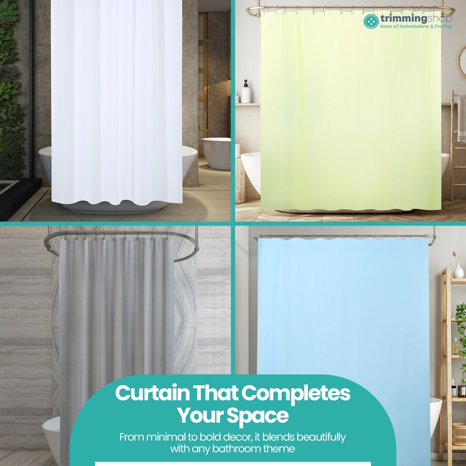image 1 of PEVA Plain Mould & Mildew Resistant Shower Curtain with 12 Hooks - 180x180cm