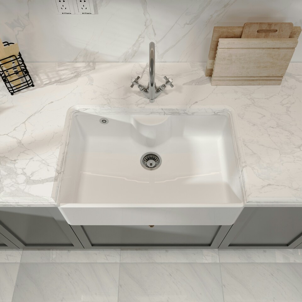 image 1 of 795mm - Single Bowl Fireclay Butler Kitchen Sink - Tap Ledge, Overflow & Waste