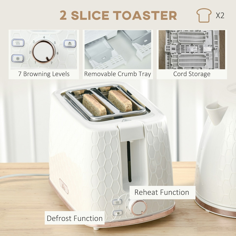 image 1 of HOMCOM Kettle and Toaster Set 1.7L Kettle & 2 Slice Toaster Set White
