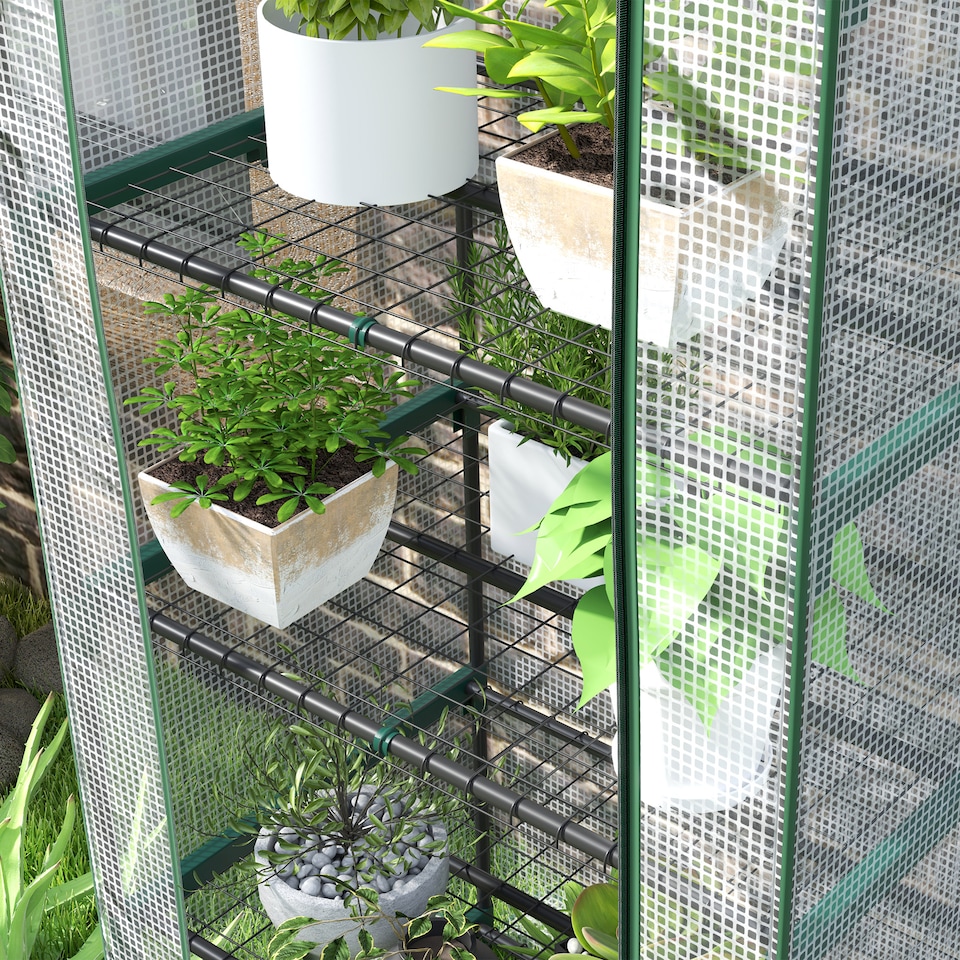 image 1 of Outsunny 5 Tier Mini Greenhouse Grow House w Roll Up Door, WhiteGreen