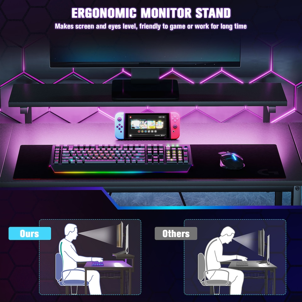 image 1 of HOMCOM L Shaped Gaming 107cm Corner Desk with LED Lights and Storage, Black