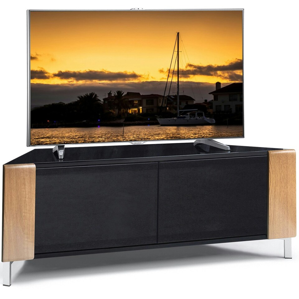 image 1 of MDA Designs CORVUS Corner-Friendly Gloss Black Contemporary Cabinet with Oak Profiles Black BeamThru Glass Doors Suitable for Flat Screen TVs up to 50" | Multi | 1
