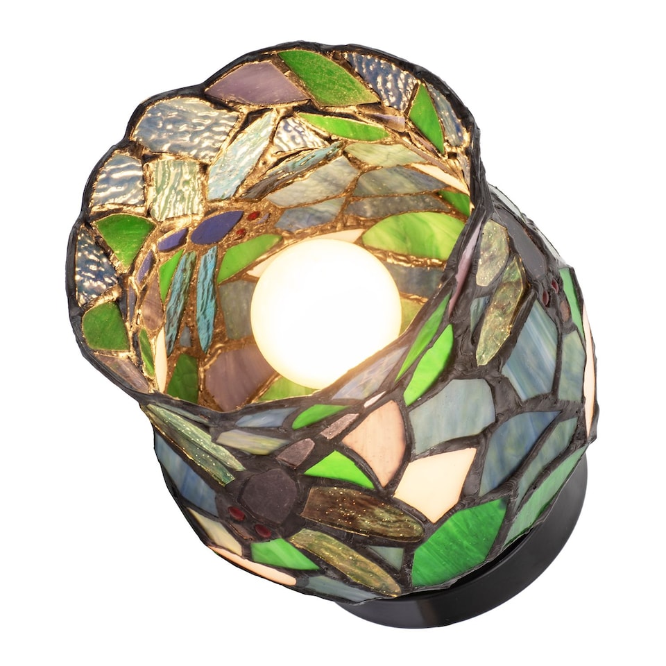 image 1 of Dragonfly Themed Open Top Blue and Green Stained Glass Tiffany Lamp