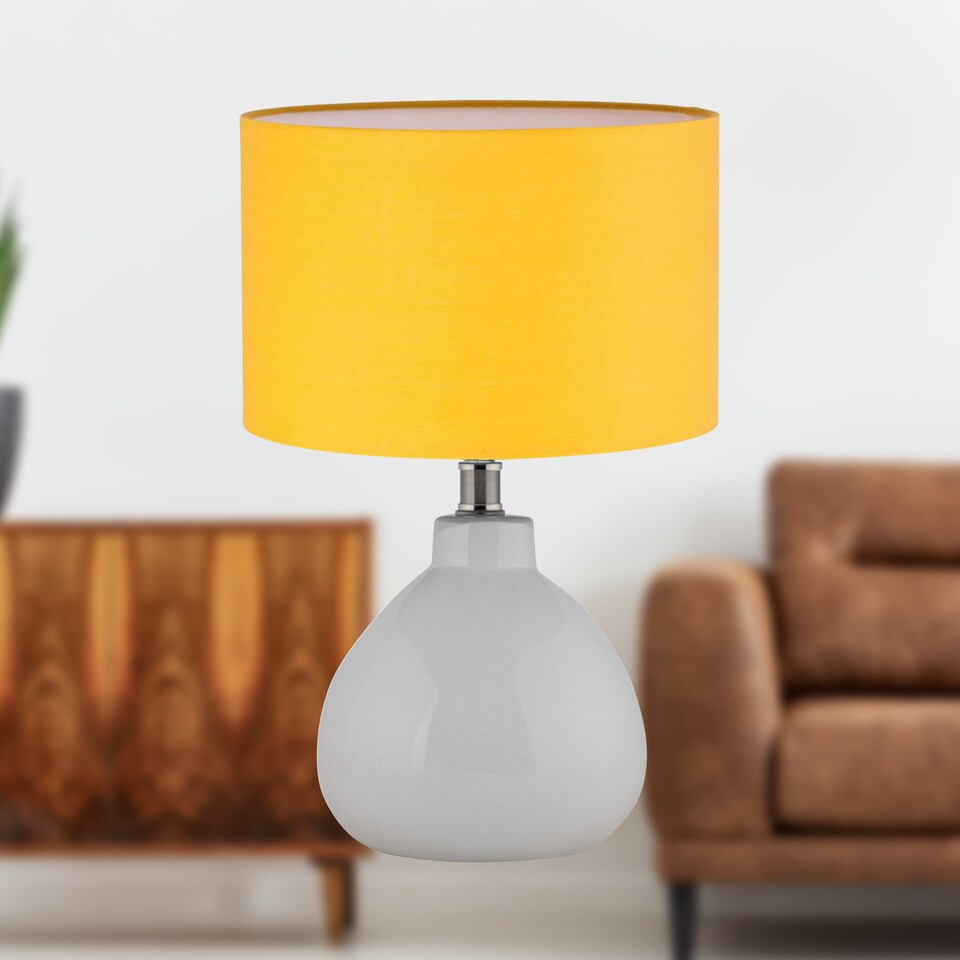 image 1 of Set of 2 Tuscan - White Ceramic Lamps with Ochre Shade | White | Yellow | Medium | 2