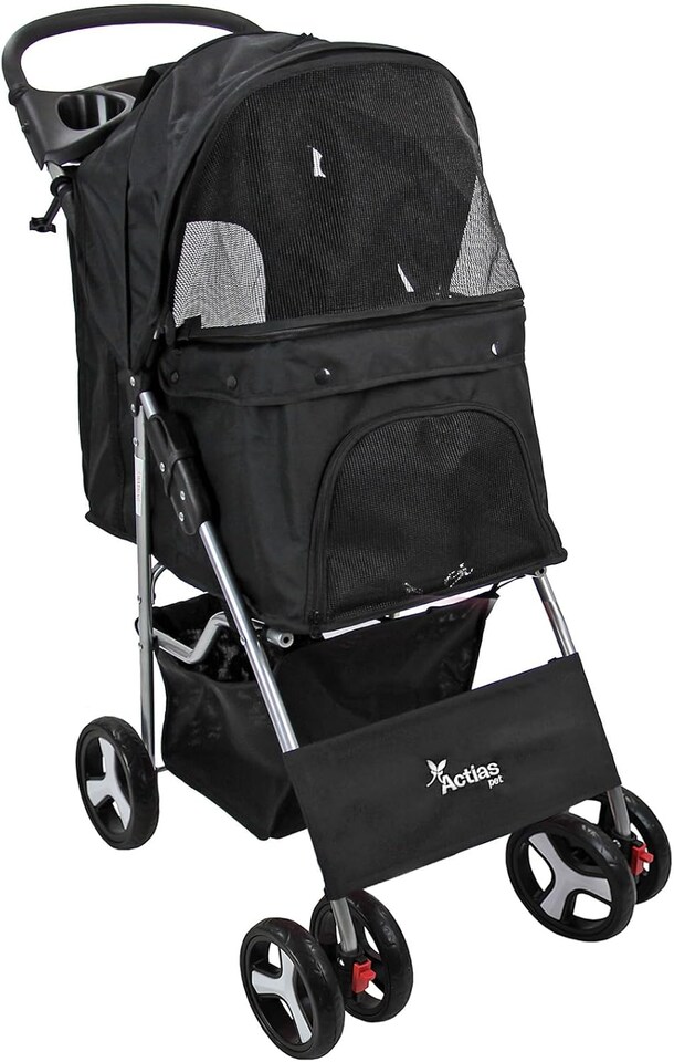 image 1 of Pet Stroller Dog Cat Puppy Pram Pushchair Travel Cart Jogging Buggy Carrier (Black with Cover)