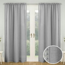 Pair of Tahiti Grey Pom Pom Trim Voile Panels 137 cm (54 inch) Rod Pocket Linen Look Panels for Bedroom and Living Room