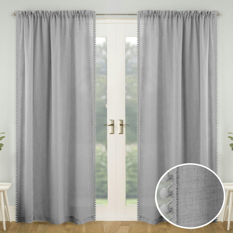 image 1 of Pair of Tahiti Grey Pom Pom Trim Voile Panels 137 cm (54 inch) Rod Pocket Linen Look Panels for Bedroom and Living Room