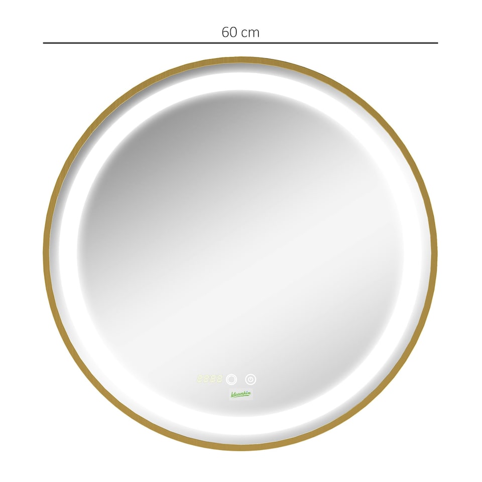 image 1 of kleankin Wall Mounted LED Bathroom Mirror with 3 Light Colours Time Display Gold