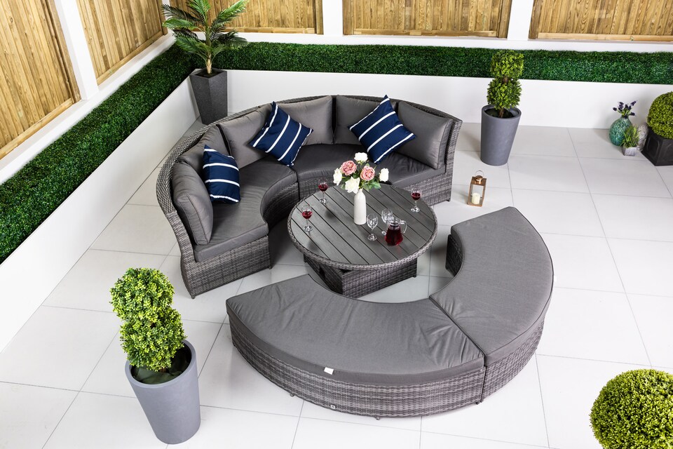 image 1 of 2-in-1 Round Rattan Garden Sofa with Daybed + Height Adjustable Table | Grey | Grey