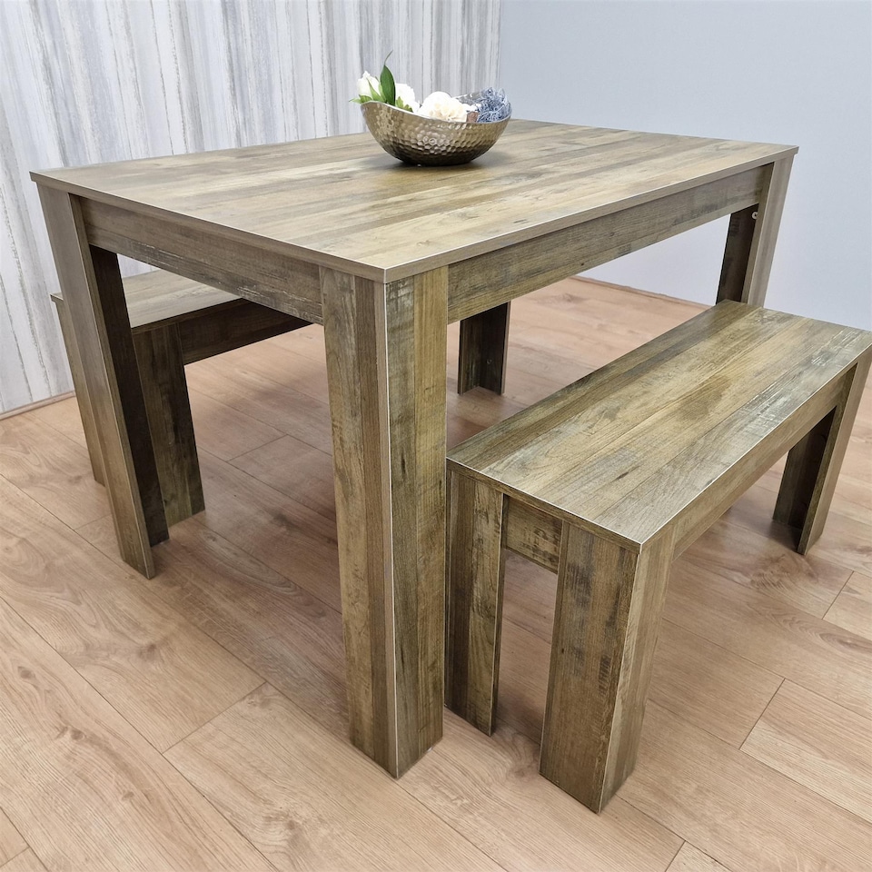 image 1 of Rustic Effect wood Dining Table And 2 Benches kitchen table Set space saver table set