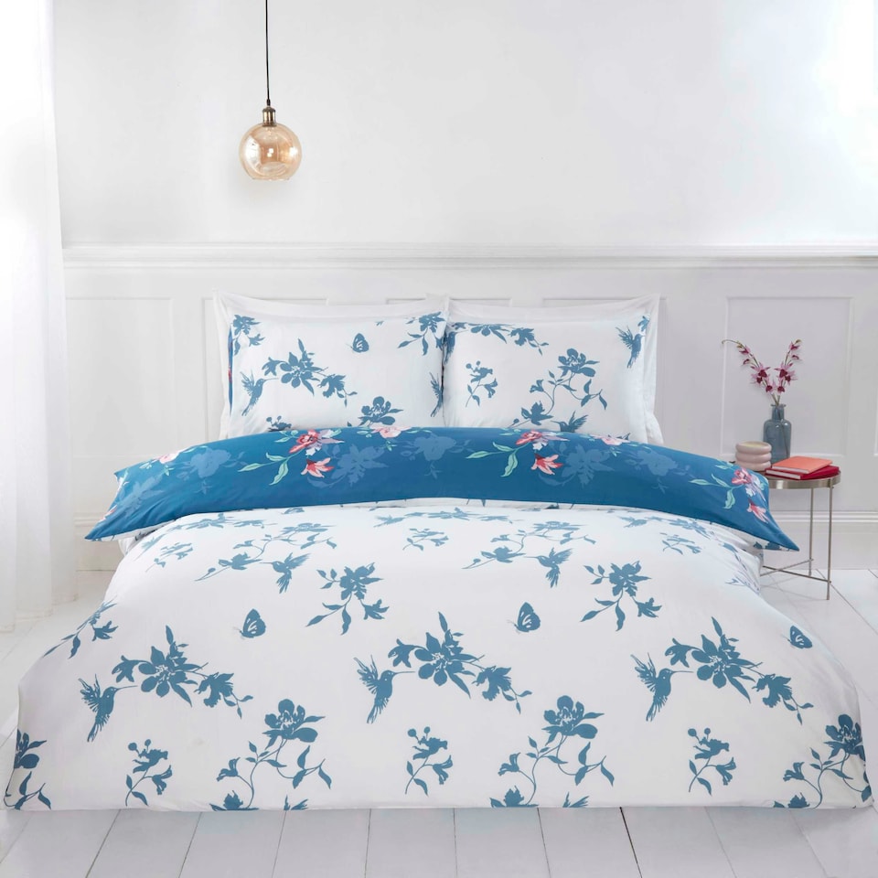 image 1 of Hummingbird Microfibre Reversible Duvet Cover Set with Pillowcase Blue | King