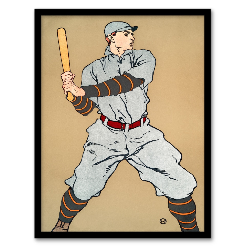 image 1 of Edward Penfield Framed Wall Art Print Vintage Baseball Player Drawing Home Décor
