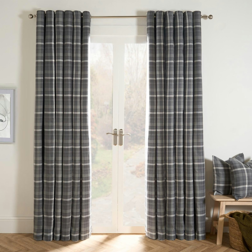 image 1 of OHS Winsford Woven Check Thermal Blackout Lined Eyelet Curtains, 90x90" - Charcoal