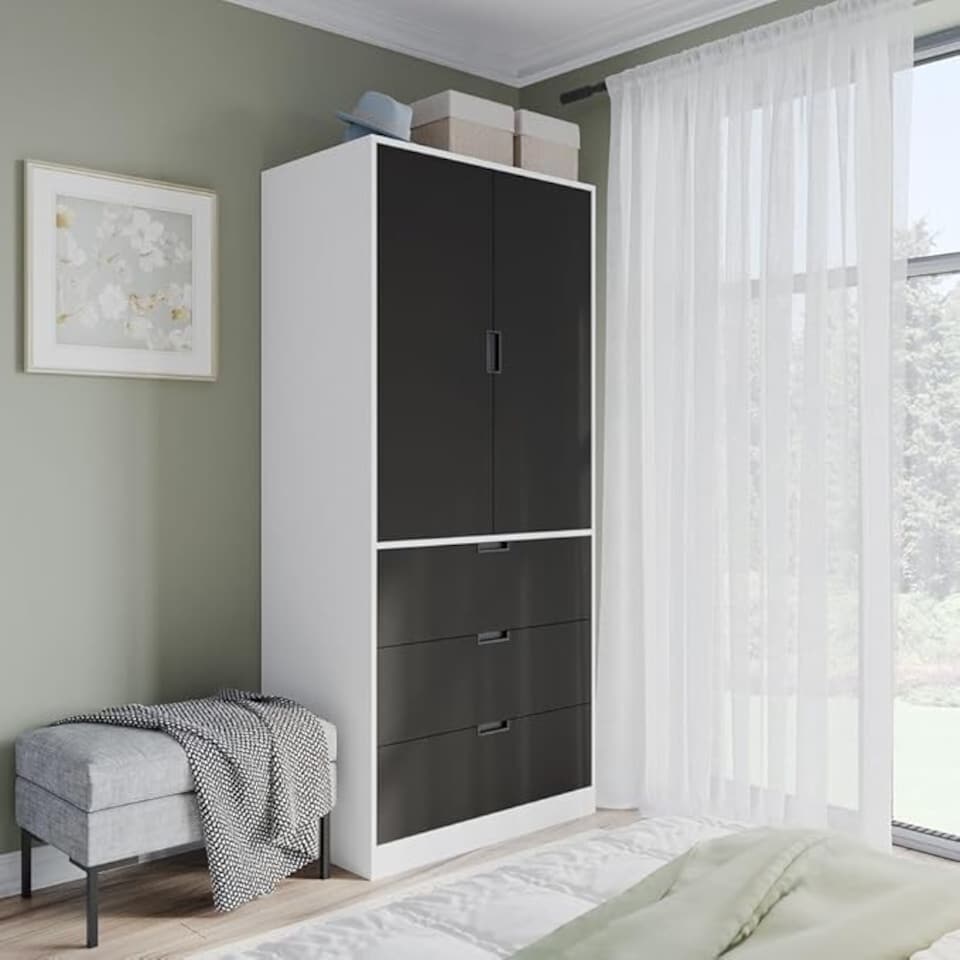image 1 of 2 Door 3 Drawer Wardrobe with Hanging Rail - Modern Bedroom Storage Furniture | White | White with Black Doors | 1