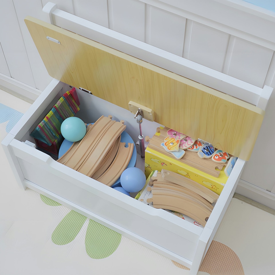 image 1 of HOMCOM 2 In 1 Wooden Toy Box, Seat Bench Storage Chest w/ Pneumatic Rod White | 60 x 30 x 50cm