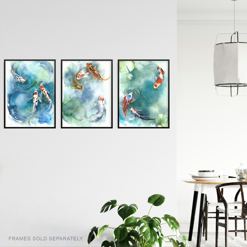 image 1 of Set Of 3 Watercolour Japanese Koi Carp Fish Pond Bathroom Wall Art Prints 12X16 Inch