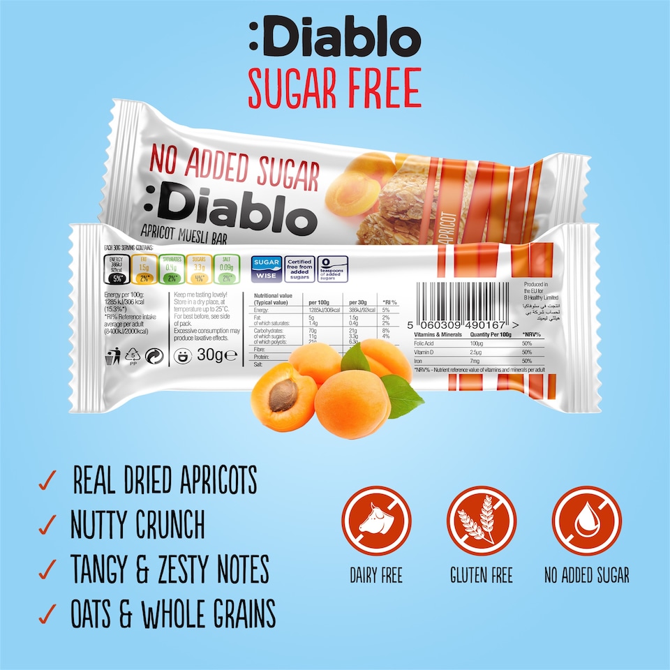 image 1 of Diablo No Added Sugar Apricot Muesli Bar 30g 6 Pack