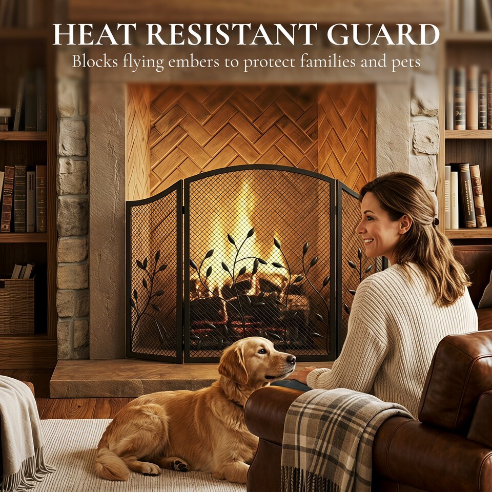 image 1 of HOMCOM 3-Panel Folding Fireplace Screen for Protection, Black