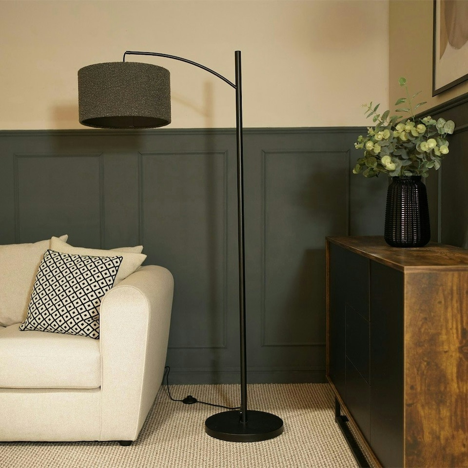 image 1 of ValueLights Preto Black Metal Curve Stem Floor Lamp with a Charcoal Grey Boucle Shade | Black