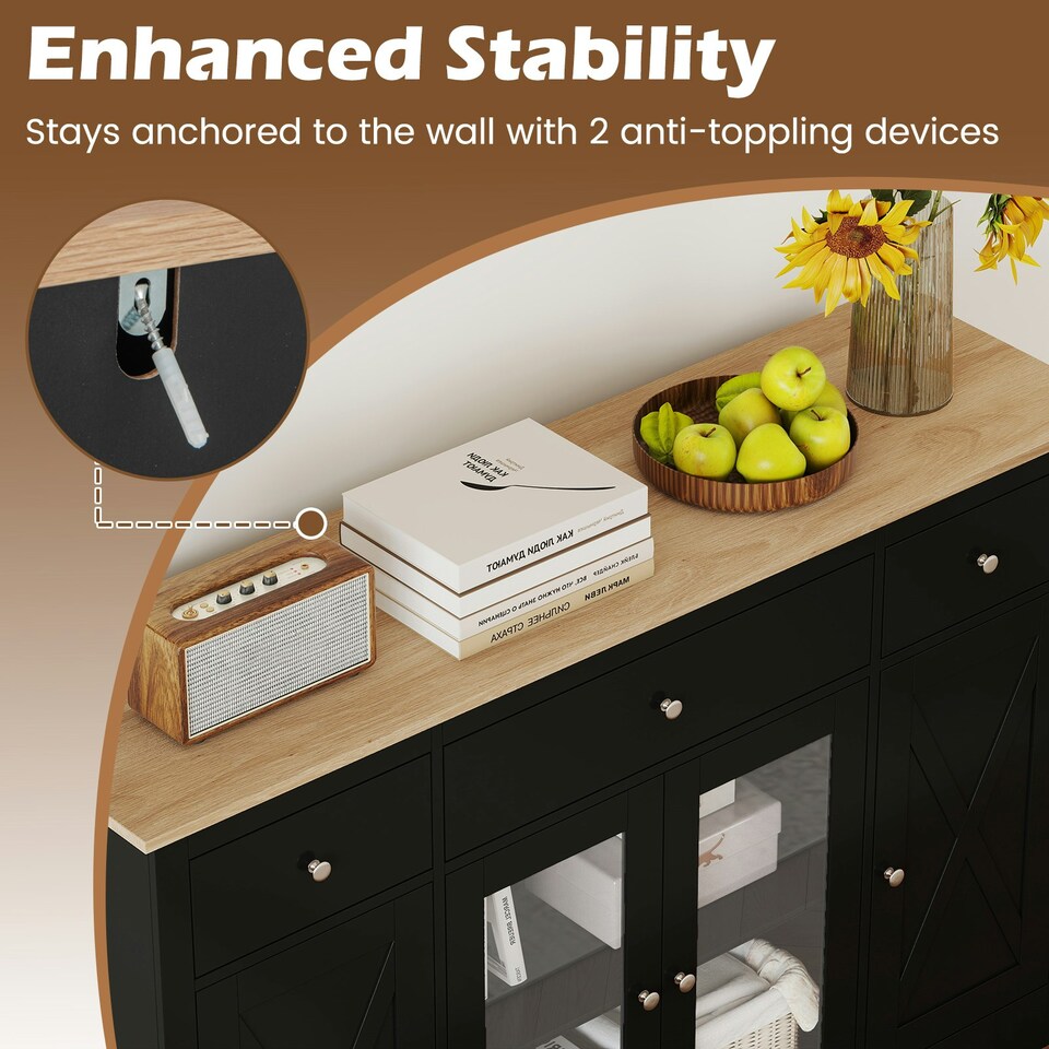 image 1 of COSTWAY Buffet Sideboard Kitchen Storage Cabinet 3 Drawers Black | Black