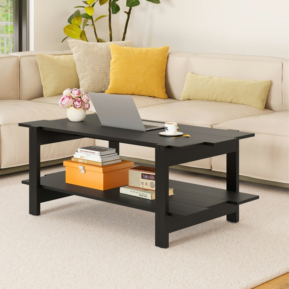 image 1 of COSTWAY 2-Tier Coffee Table Slatted Wood Center Table Black Black