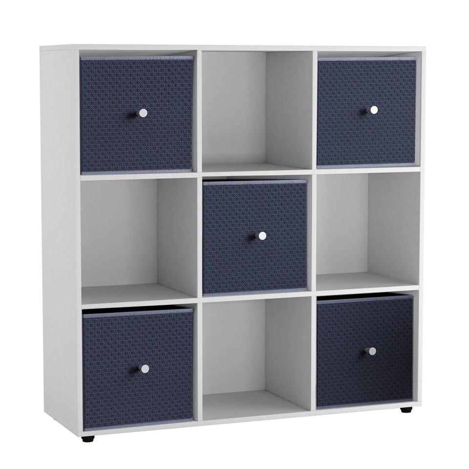 9 Cube Wooden Bookcase Shelving Unit with 5 Collapsible Fabric Drawers Multi White & Navy Blue 1