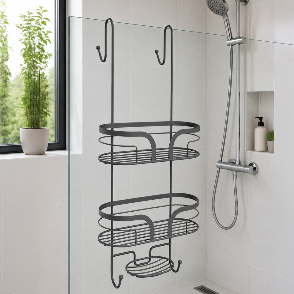 image 1 of Showerdrape Dante Anthracite Grey 2 Tier Over Door Hook Door Shower Caddy | Grey | Anthracite Grey | 1