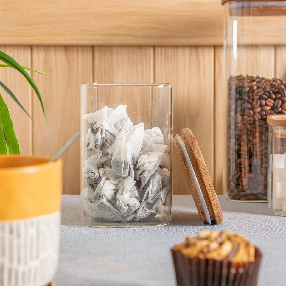 image 1 of Argon Tableware Square Glass Storage Jar with Wooden Lid - 1.1 Litre