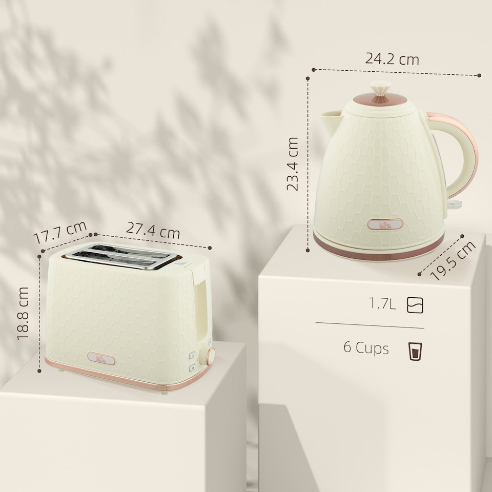 image 1 of HOMCOM Kettle and Toaster Set 1.7L Kettle & 2 Slice Toaster Set Beige