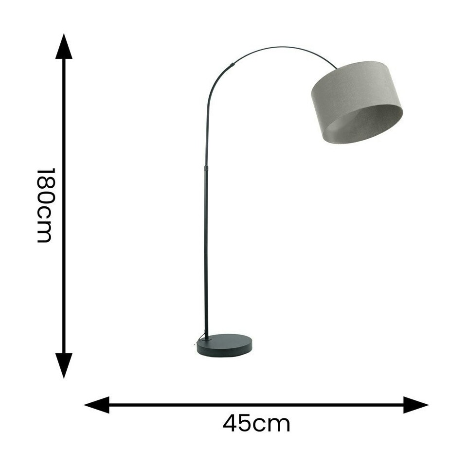 image 1 of ValueLights Louis Black Arched Curved Floor Lamp with Grey Fabric Drum Lamp Shade