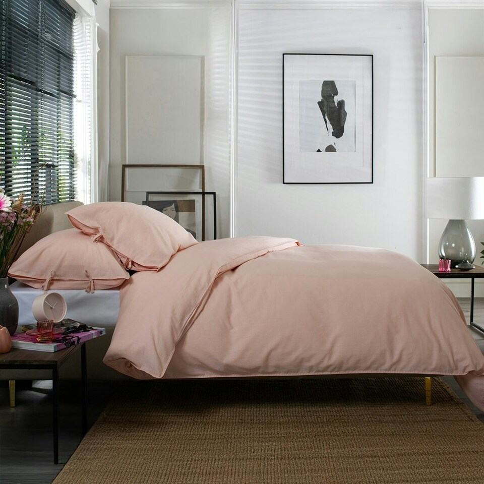 image 1 of 100% Washed Cotton Duvet Cover Set – Soft, Breathable & Textured with Tie Fastening Pink | Pink | Super King