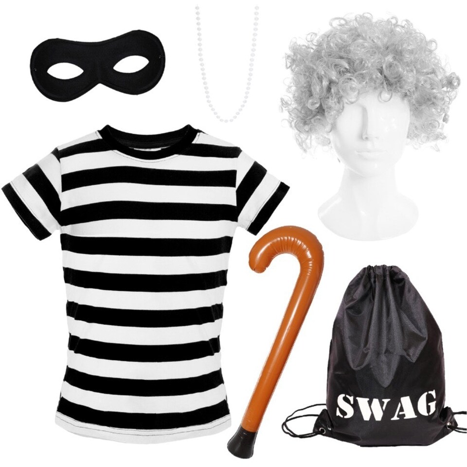 image 1 of Grandma Burglar Costume - Short Sleeve Top, Walking Stick & Accessories Black | L