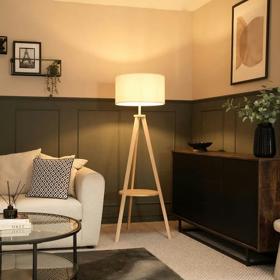 image 1 of ValueLights Morrigan Cream Boucle Shade Wood Tripod Floor Lamp & Bulb Cream