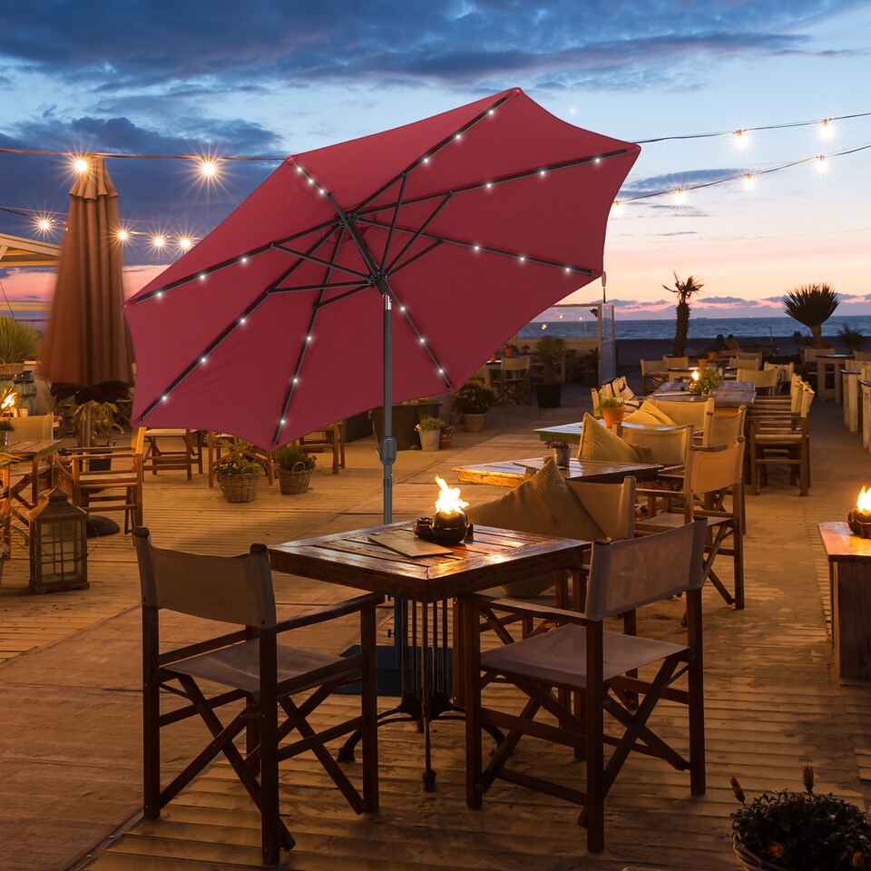 image 1 of Outsunny 2.7m Patio Garden Umbrella Outdoor Parasol Outdoor Market Table Umbrella with Tilt Crank and 24 LEDs Lights Wine Red