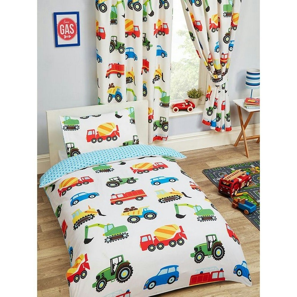 image 1 of PriceRightHome Childrens/Kids Trucks & Transport Duvet Cover Set - White/Blue/Red - Single | White | Single
