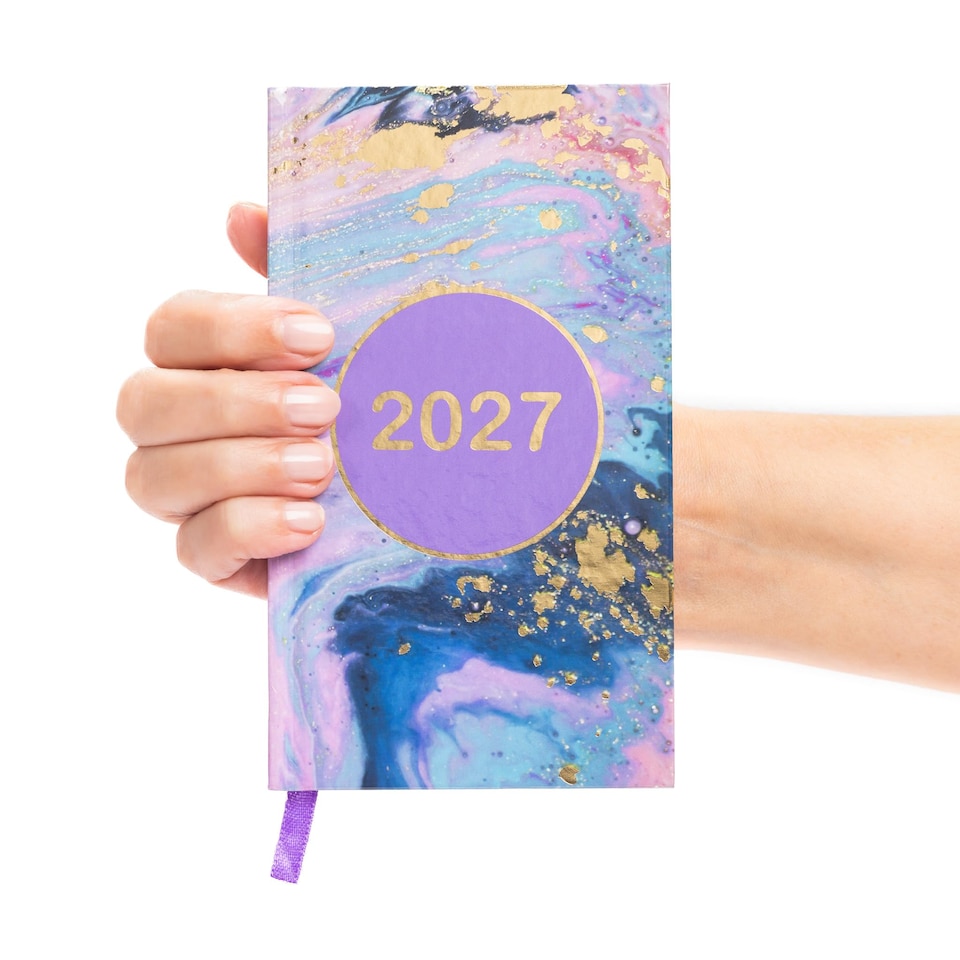 image 1 of 2027 Slim Diary Week to View - Marble Hardback Planner Runs January to December 2027 - Pocket Size, 16cm x 9cm with Ribbon Bookmark (Marble)