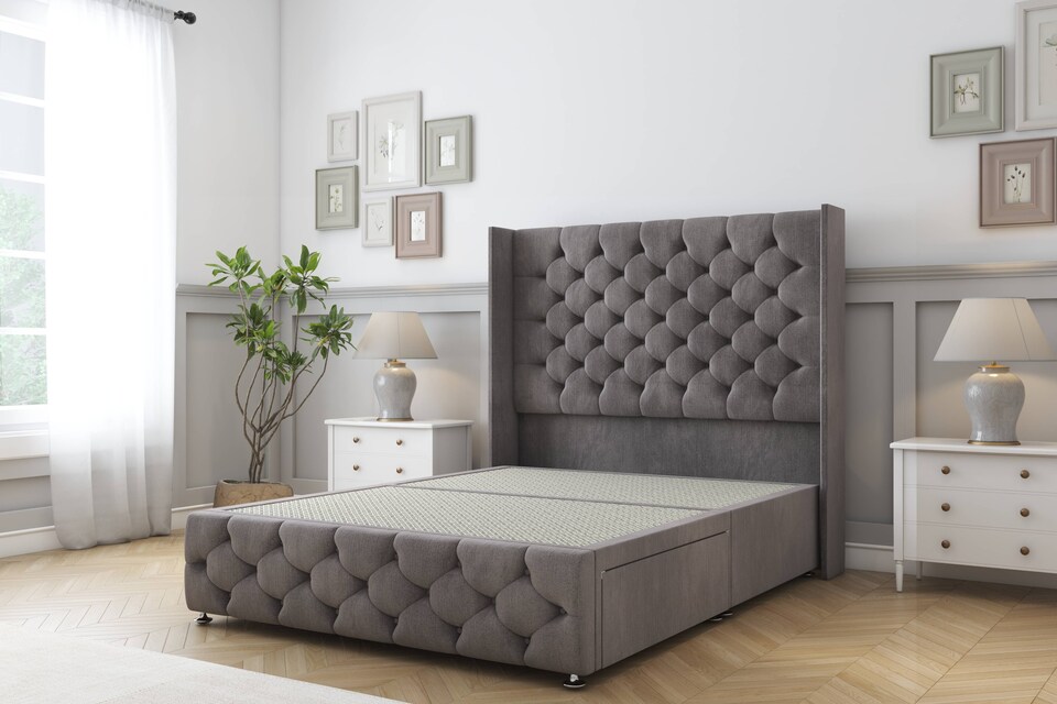image 1 of Sloomy Luthor Slate Naples Divan Bed Base 2 Drawers Foot-End With 54 Inch Wingback Headboard & 12 Inch Matching Footboard | Grey | Slate | Super King | 1