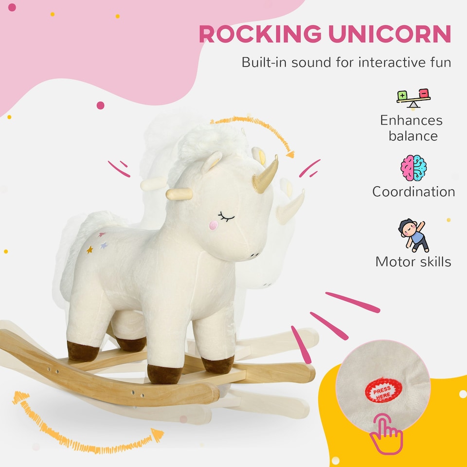 image 1 of AIYAPLAY Rocking Horse with Unicorn Design, Sounds for Ages 2-4 Years, White
