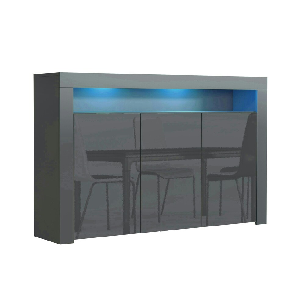 image 1 of Sideboard 155cm Grey Gloss Doors Grey Matt Body Free LED Display Unit Grey