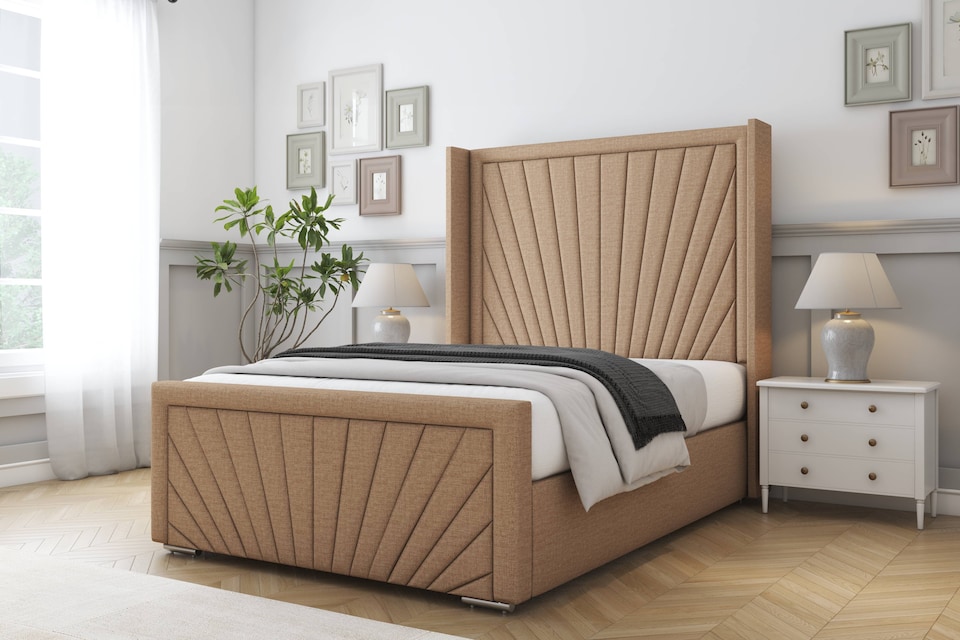 image 1 of Sloomy Rutherford Latte Dumfries Bed Frame With Mattress With 50"  Upholstered Wingback Headboard 6' Super King