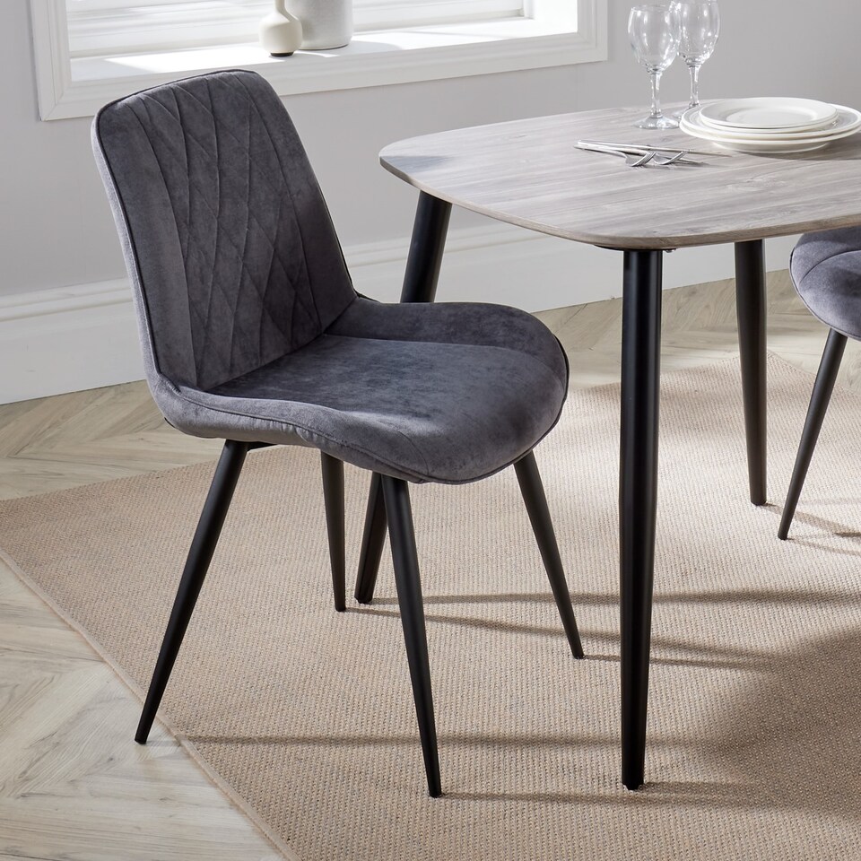 image 1 of Pair of Aspen Cord Fabric Diamond Stitch Dining Chairs with Curved Seat and Black Tapered Metal Legs | Grey | Grey | 1
