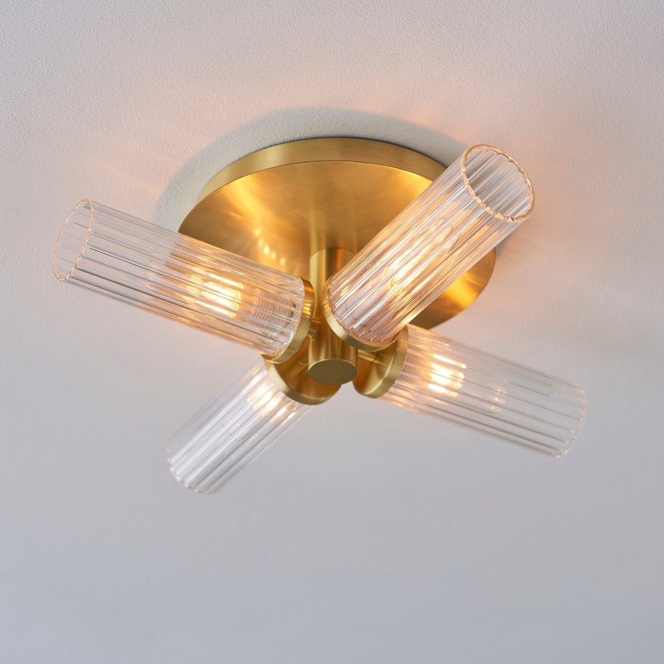image 1 of Talo Bathroom Multi Arm Glass Semi Flush Ceiling Lamp, Satin Brass Plate, Ribbed Glass, IP44