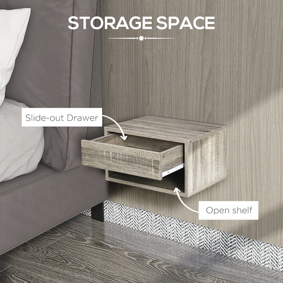 image 1 of HOMCOM Floating Nightstands Set of 2, Bedside Table w/ Drawer and Open Shelf | Brown